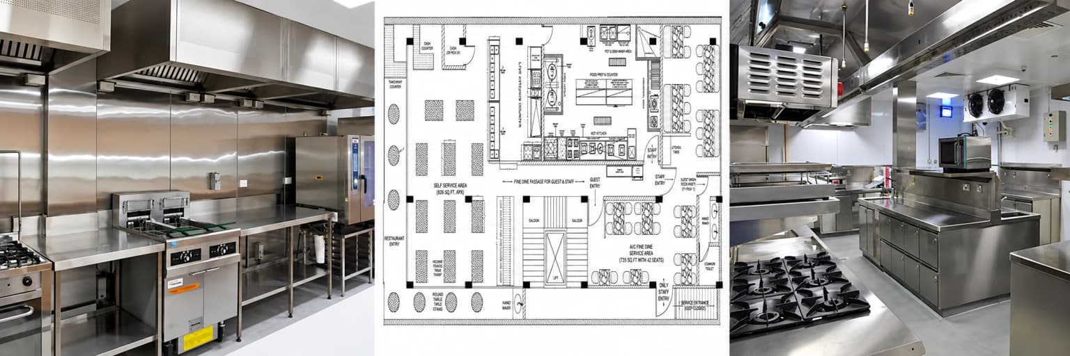 Pişirme hattı, restoran yerleşim planı ve soğutmalı mutfak alanı